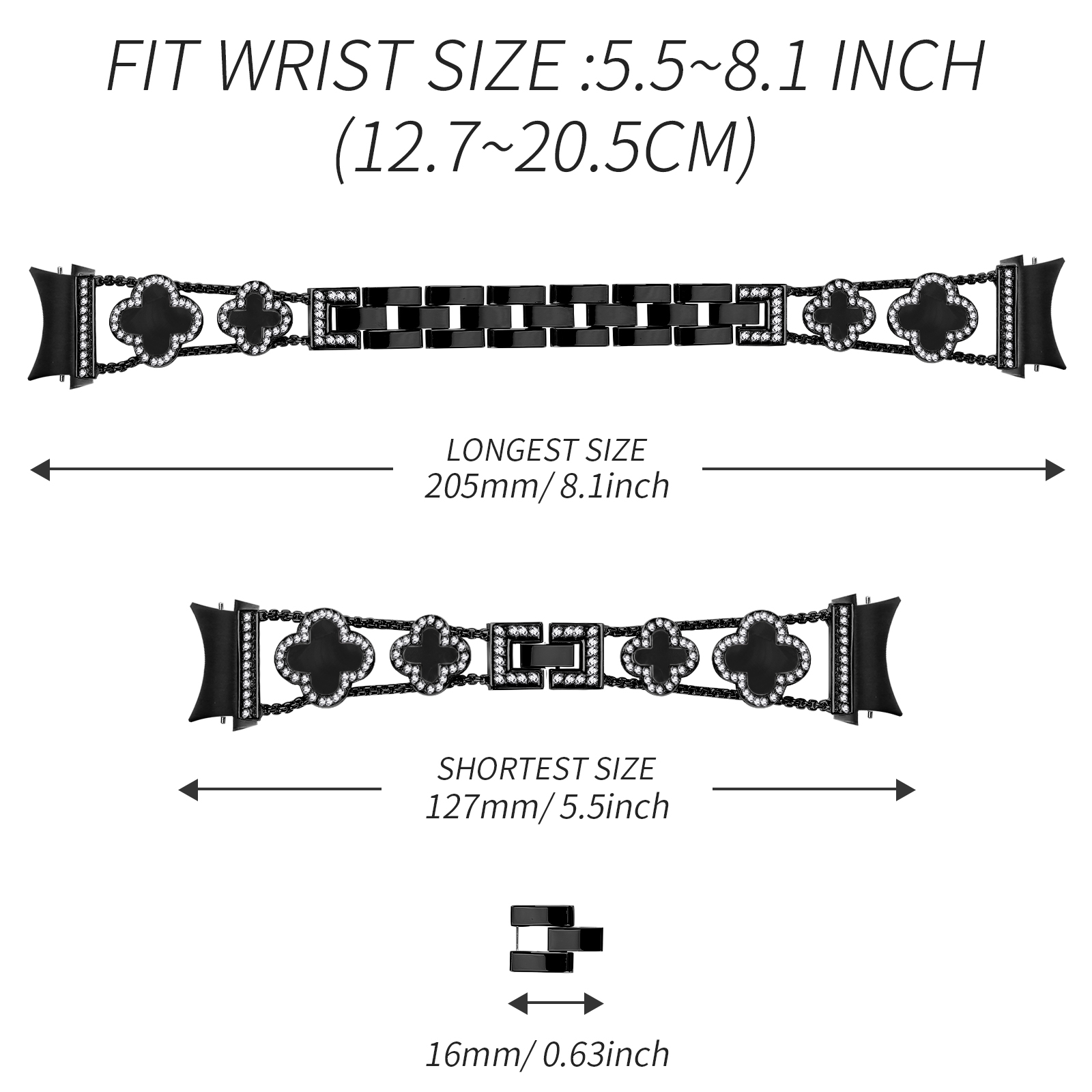 Schwarzes Armband mit Kleeblatt-Design, Abmessungen gezeigt.
