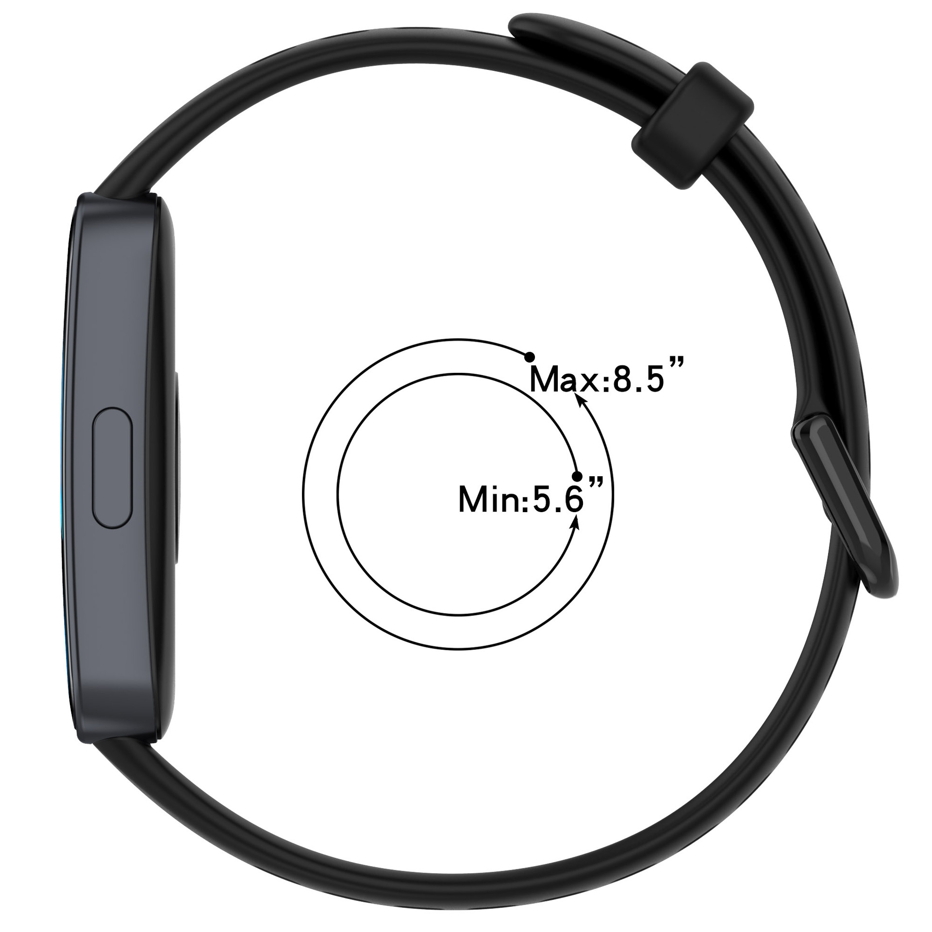Smartwatch nero con cinturino nero. Lo schermo è rettangolare.