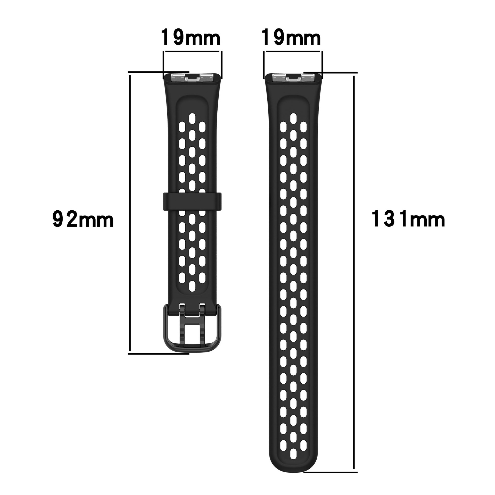 Cinturini neri con dimensioni, sfondo bianco.