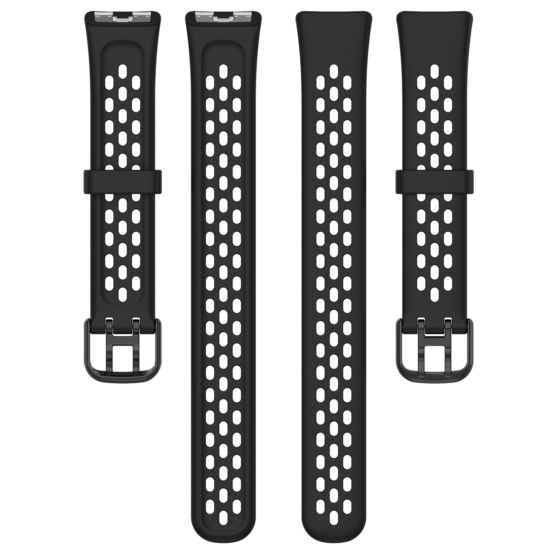 Quattro cinturini neri per smartwatch con perforazioni e fibbie, posti su sfondo bianco.