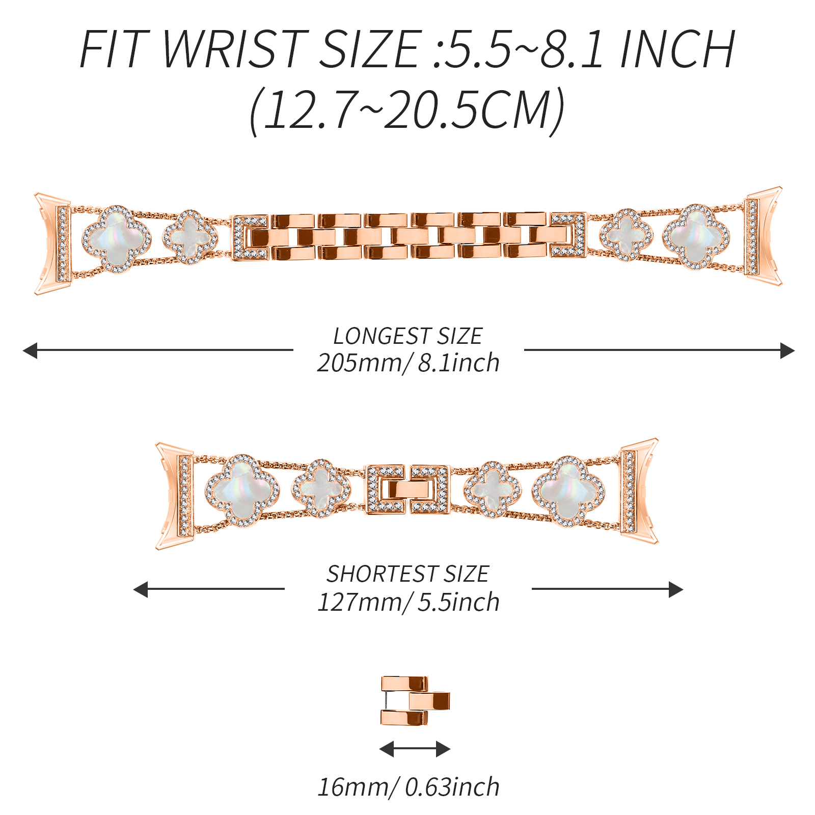 Diagramm eines roségoldenen Uhrenarmbands. Abmessungen für Länge und Breite sind angegeben.