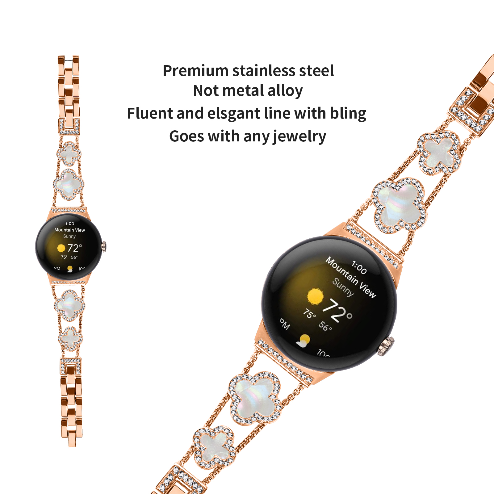 Roségoldene Smartwatch mit floralem Armband und rundem Bildschirm, der Zeit und Wetter anzeigt.