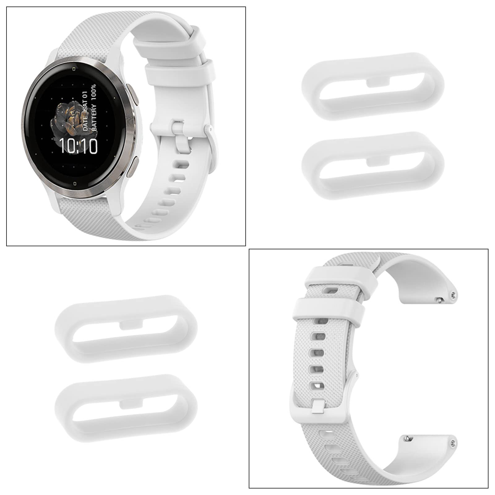 Eine Smartwatch mit weißem Armband und zwei weißen Armbandhaltern.