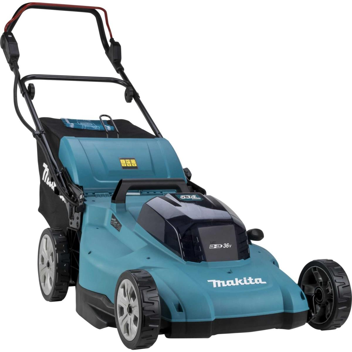 Türkis-schwarzer Makita-Rasenmäher mit schwarzem Grasfänger.