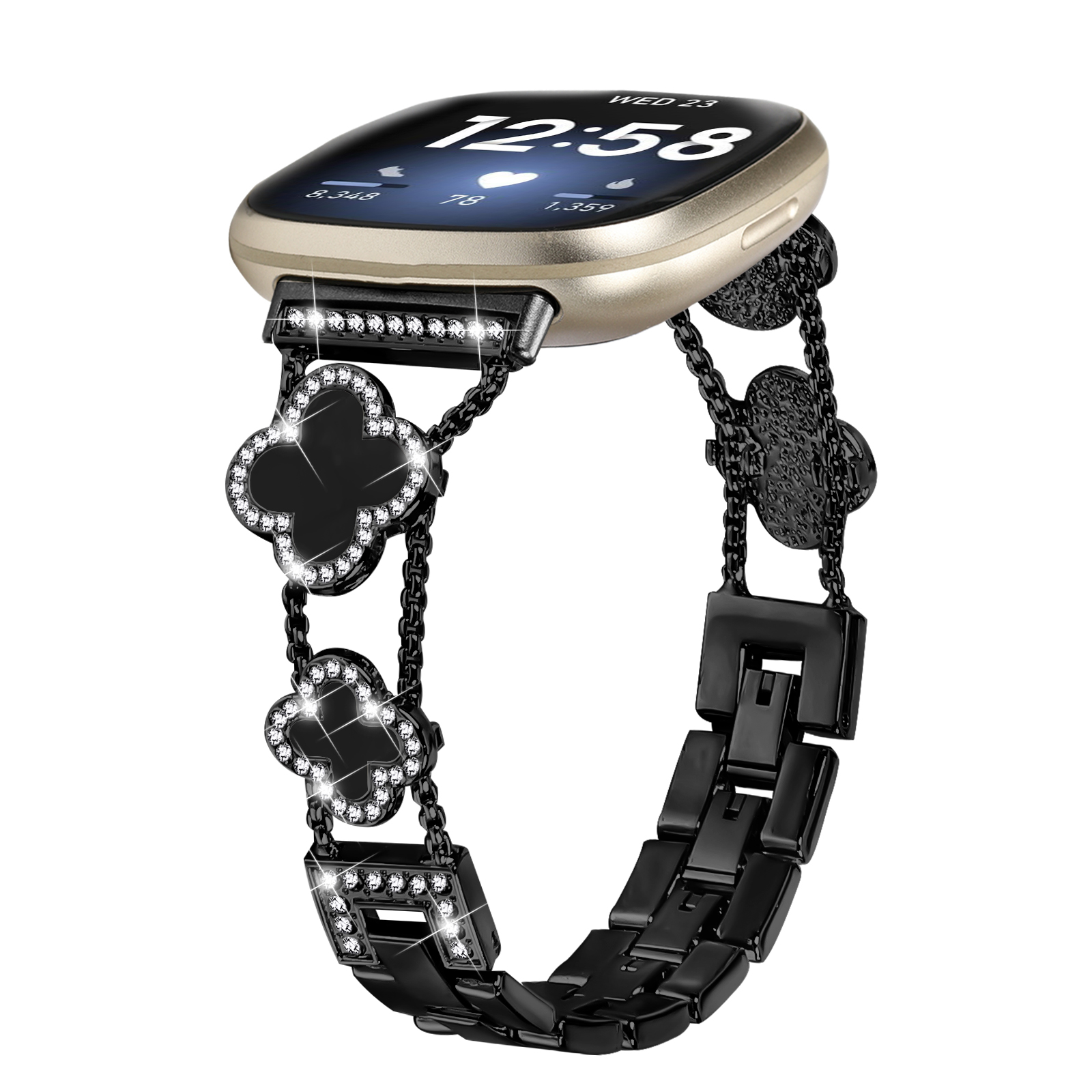 Schwarze Smartwatch mit blütenförmigen Gliedern und Anzeige von Uhrzeit und Datum.