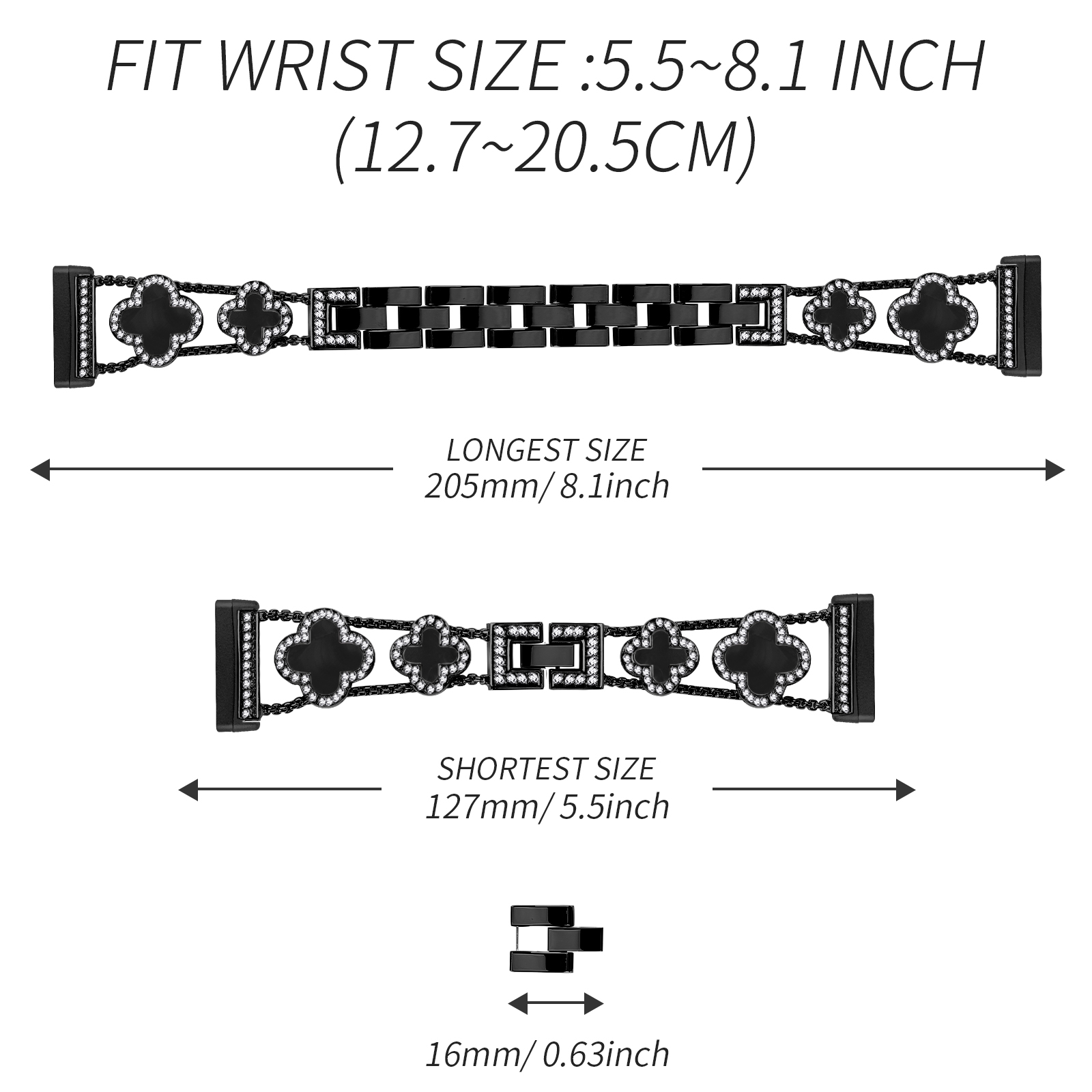 Schwarzes Smartwatch-Armband mit Kleeblattdetails, Maße auf weißem Grund.