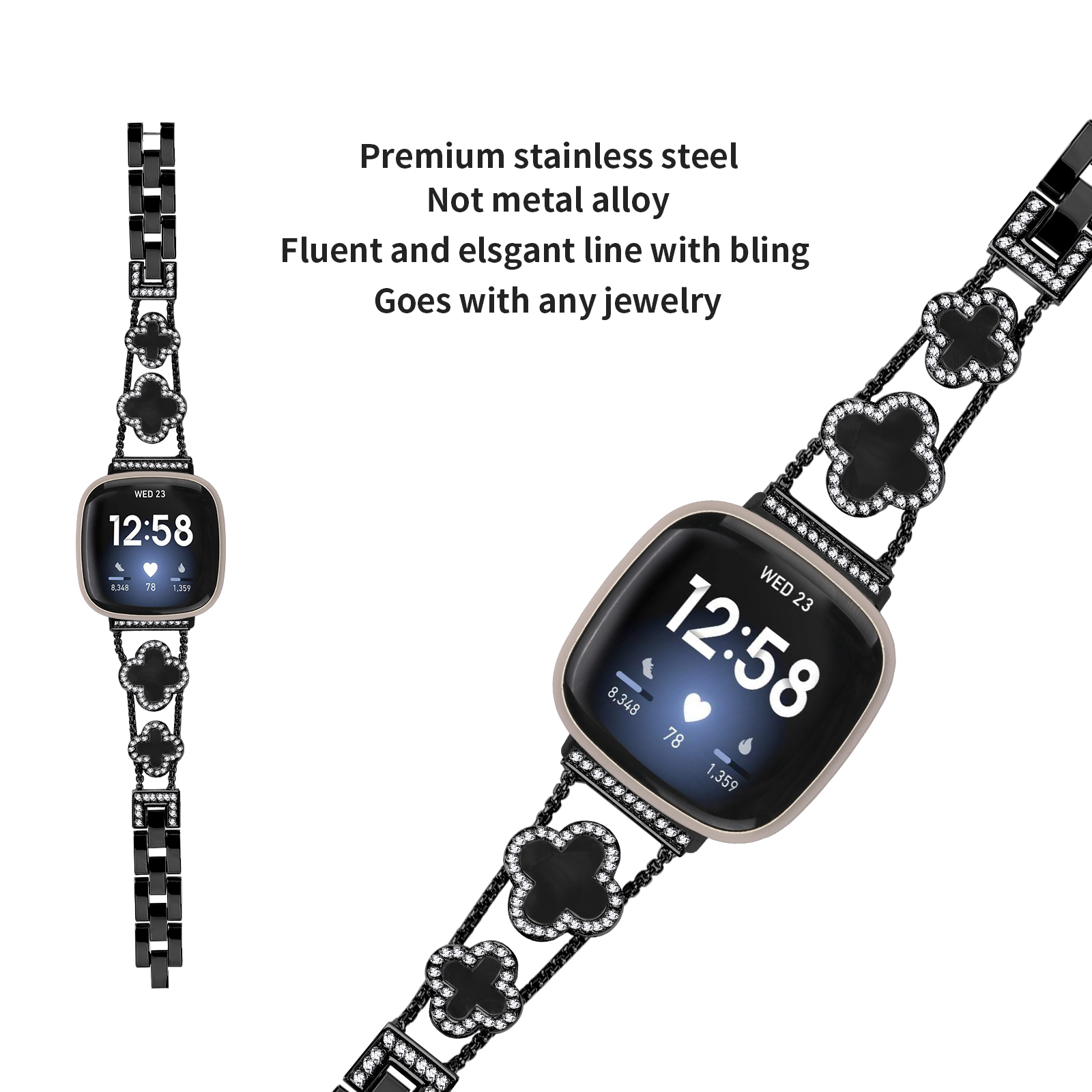 Smartwatch auf weißem Hintergrund mit Kleeblatt-Akzenten. Text über Edelstahl.