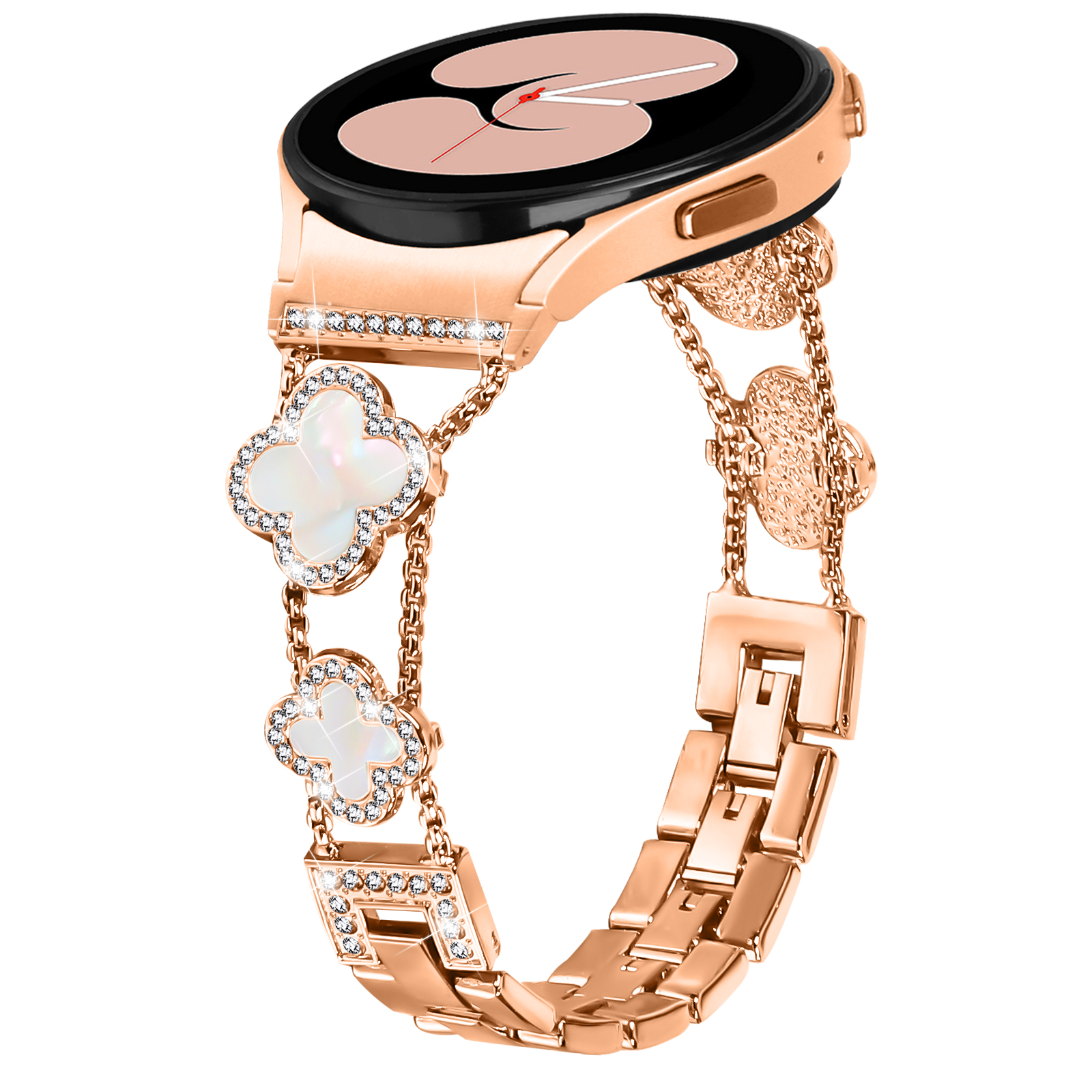 Smartwatch oro rosa con cinturino decorativo, su sfondo bianco.
