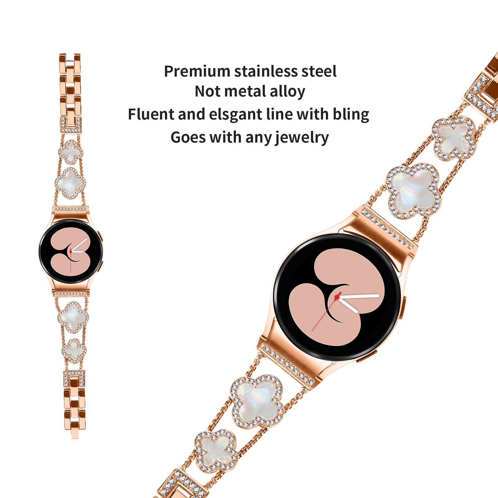 Cinturino per orologio oro rosa con accenti a quadrifoglio e testo: Acciaio inossidabile premium, non lega metallica.