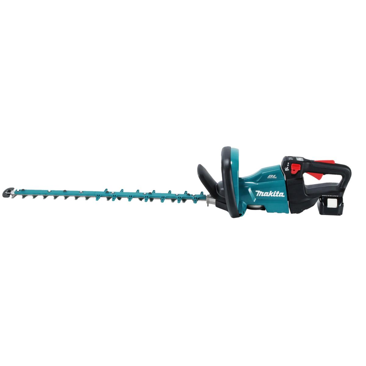 Eine teal- und schwarze Makita-Heckenschere auf weißem Hintergrund.
