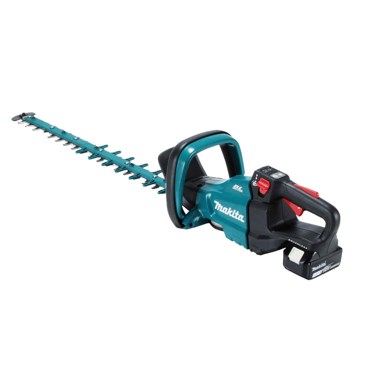 Makita Heckenschere. Türkis-schwarzes Gerät mit langem Messer und Akku.