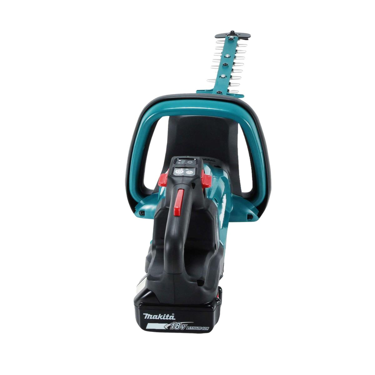 Eine türkis-schwarze Makita Heckenschere mit schwarzem Griff und befestigter Batterie.
