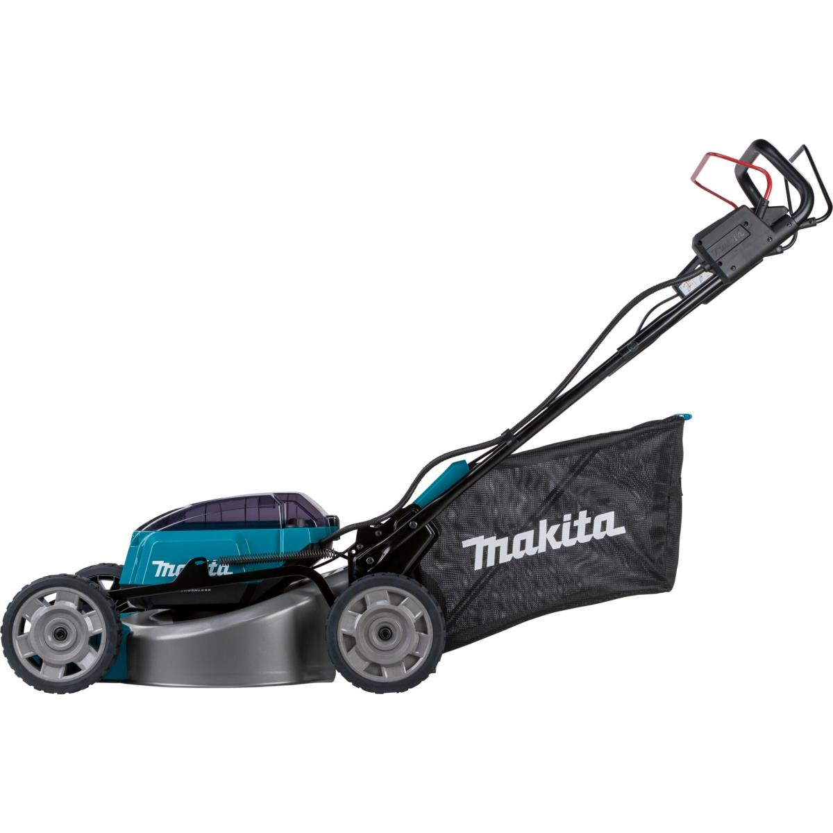Makita Rasenmäher, türkis und schwarz, auf weißem Hintergrund.