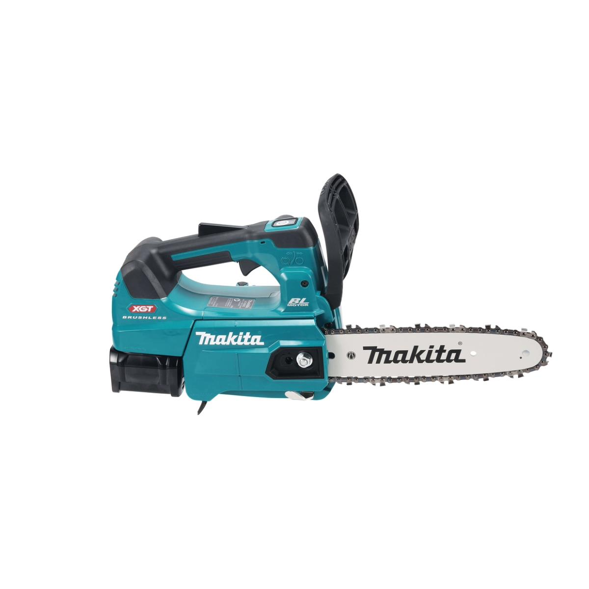 Eine türkis-schwarze Makita-Kettensäge auf weißem Hintergrund. Der Markenname und das Modell sind sichtbar.