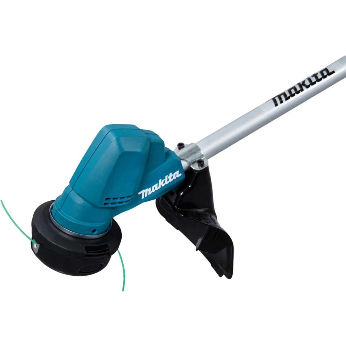 Makita-Rasentrimmer. Türkis-schwarzes Gehäuse. Weißer Hintergrund.