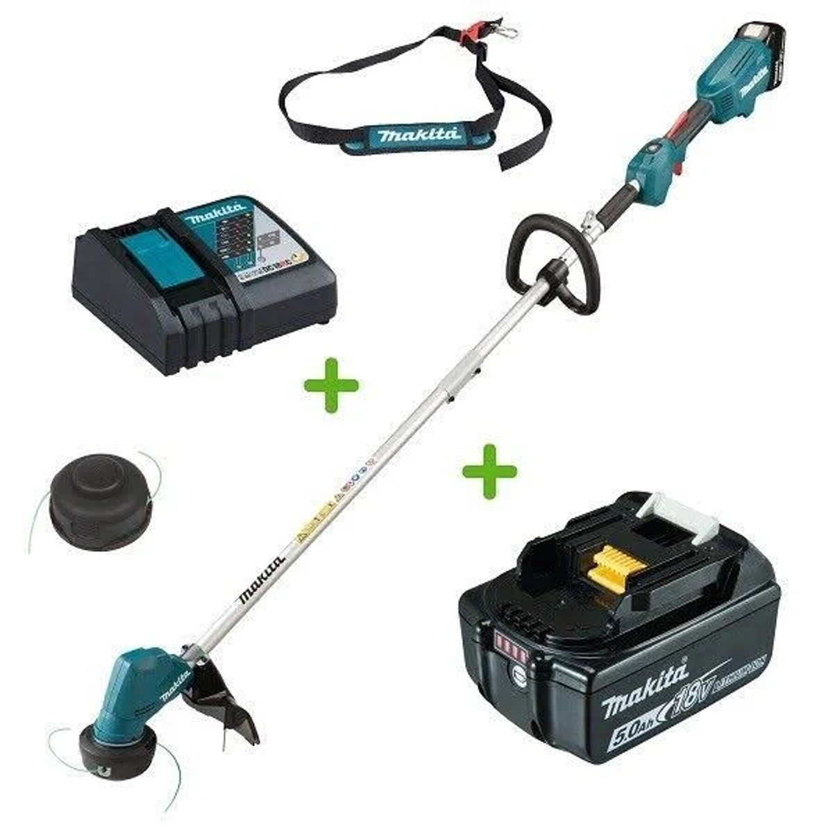 Kabelloser Makita-Trimmer mit Zubehör, einschließlich Akku, Ladegerät und Schultergurt.