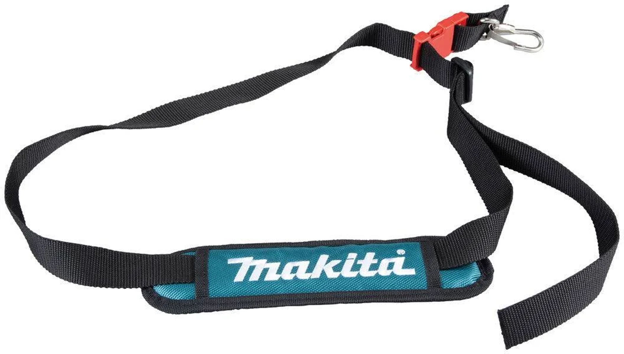 Schwarzer und tealfarbener Makita-Gurt. Rote Schnalle und silberner Haken sind vorhanden.