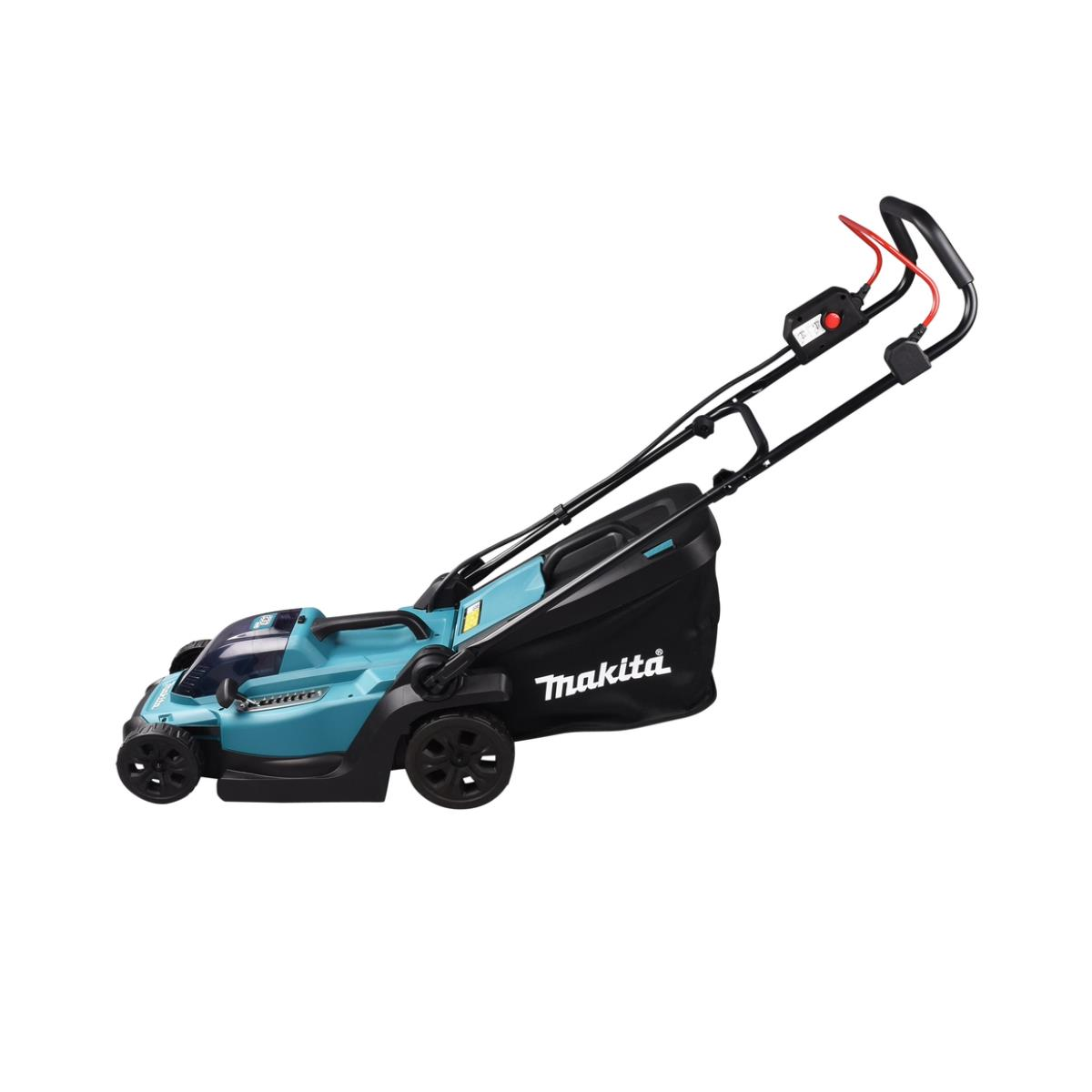 Ein teal-schwarzer Makita-Rasenmäher mit einer schwarzen Tasche. Er steht vor weißem Hintergrund.