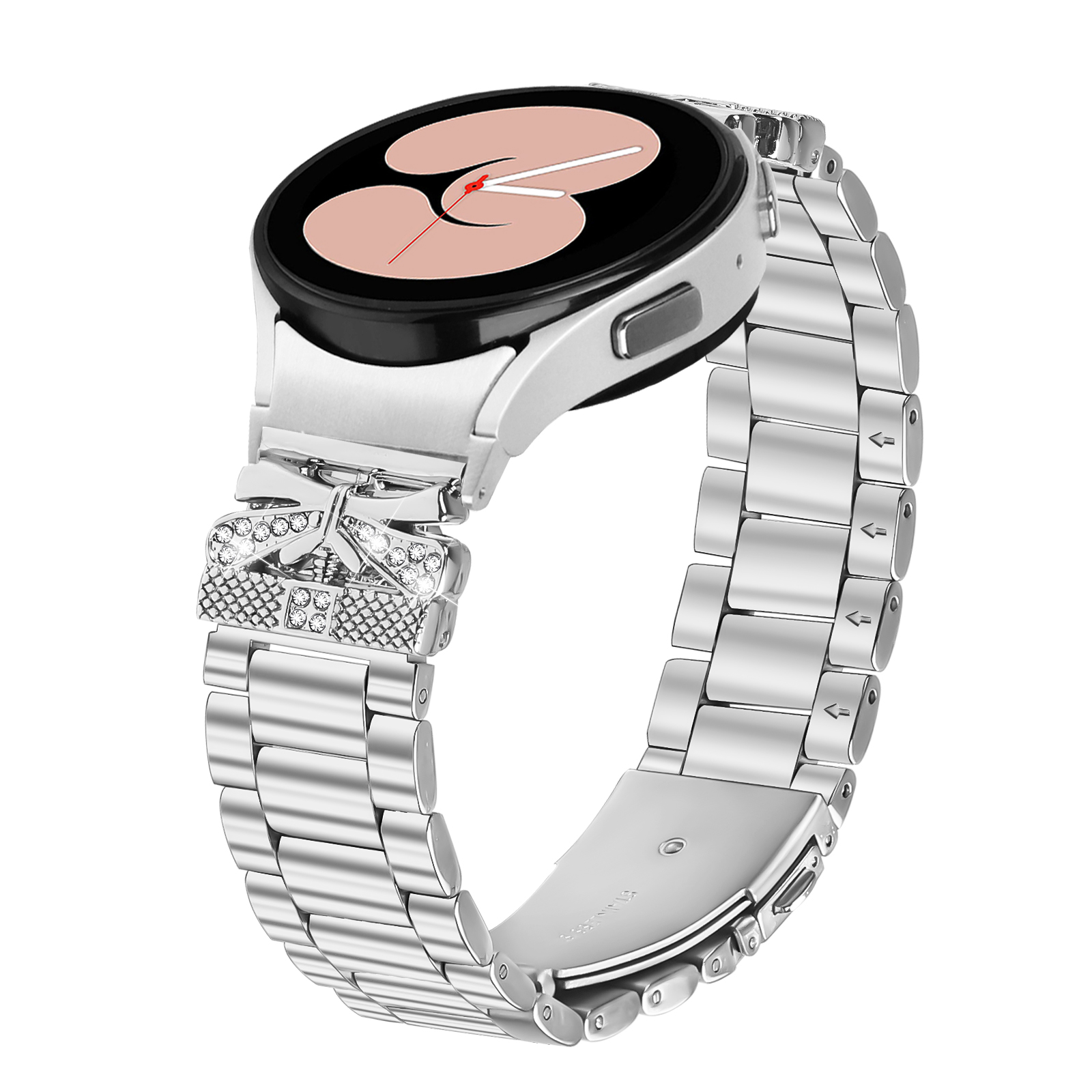 Eine silberne Smartwatch mit Metallarmband. Die Uhr zeigt einen hellrosa Bildschirm mit einer Uhr an.