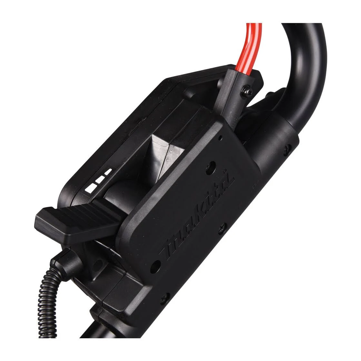 Schwarzer Griff eines Elektrowerkzeugs mit rotem Kabel und Auslöser.
