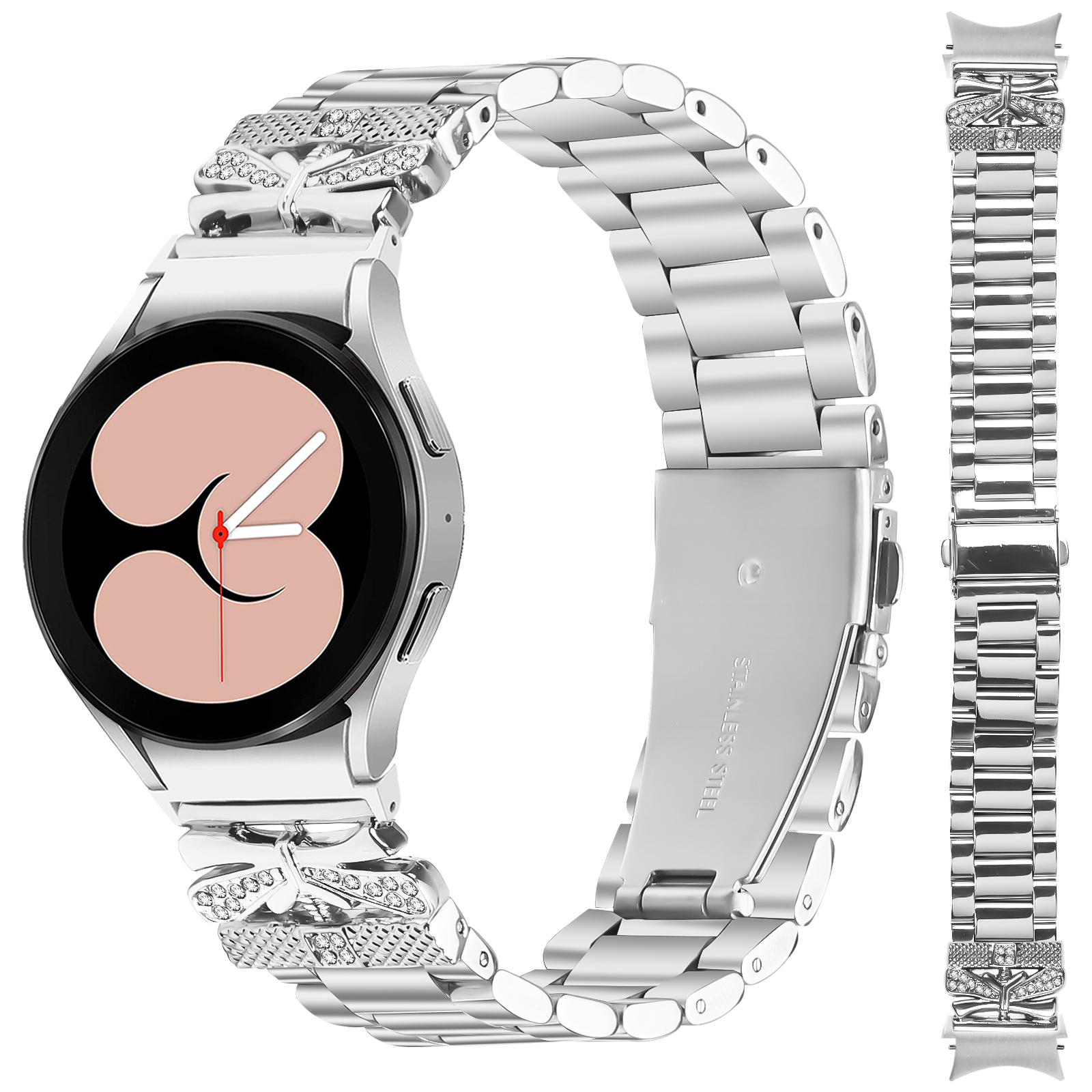 Silberne Smartwatch mit silbernem Armband am Handgelenk. Das Zifferblatt ist sichtbar.