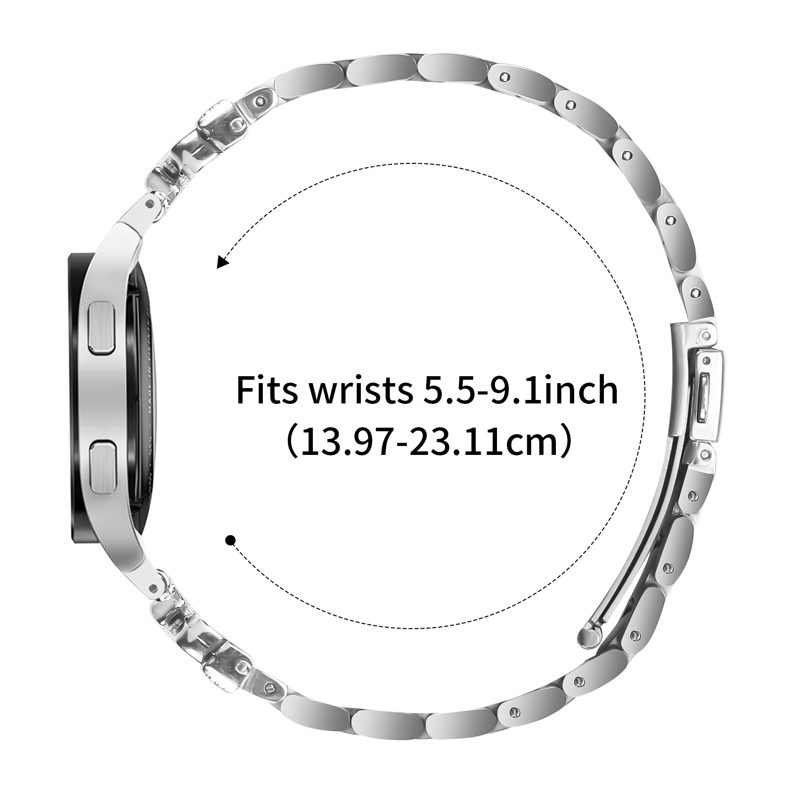 Ein silbernes Uhrenarmband mit einer kreisförmigen Uhr links und Messungstext.