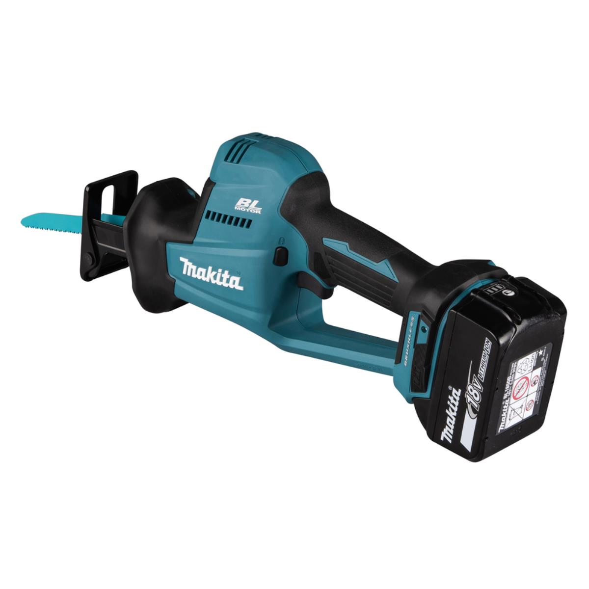 Makita Akku-Säbelsäge, teal und schwarz, mit angebrachtem Akku und Makita-Logo.