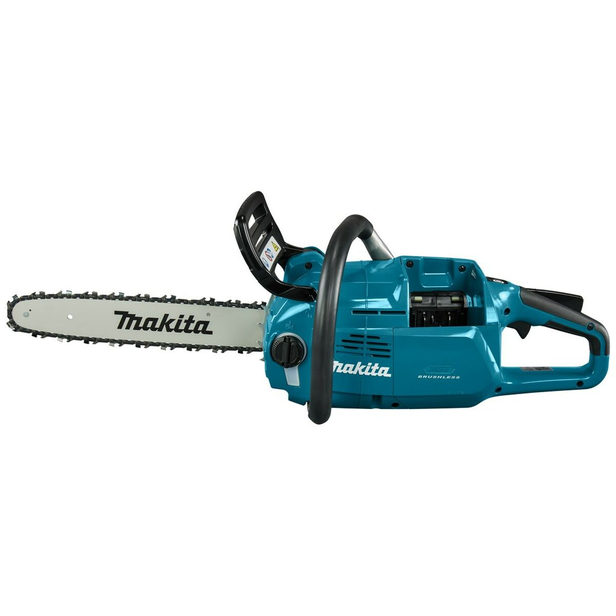 Türkis-schwarze Makita Kettensäge mit silberner Kette. Das Makita-Logo ist sichtbar.