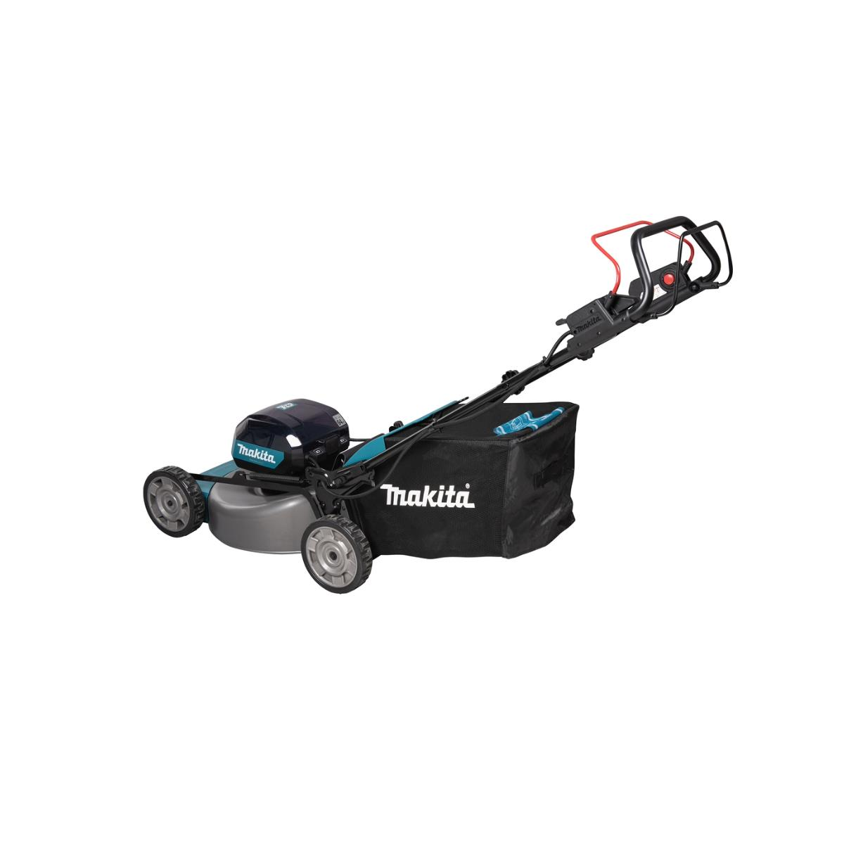 Ein Makita Rasenmäher mit schwarzem Sack und grauem Deck auf weißem Grund.