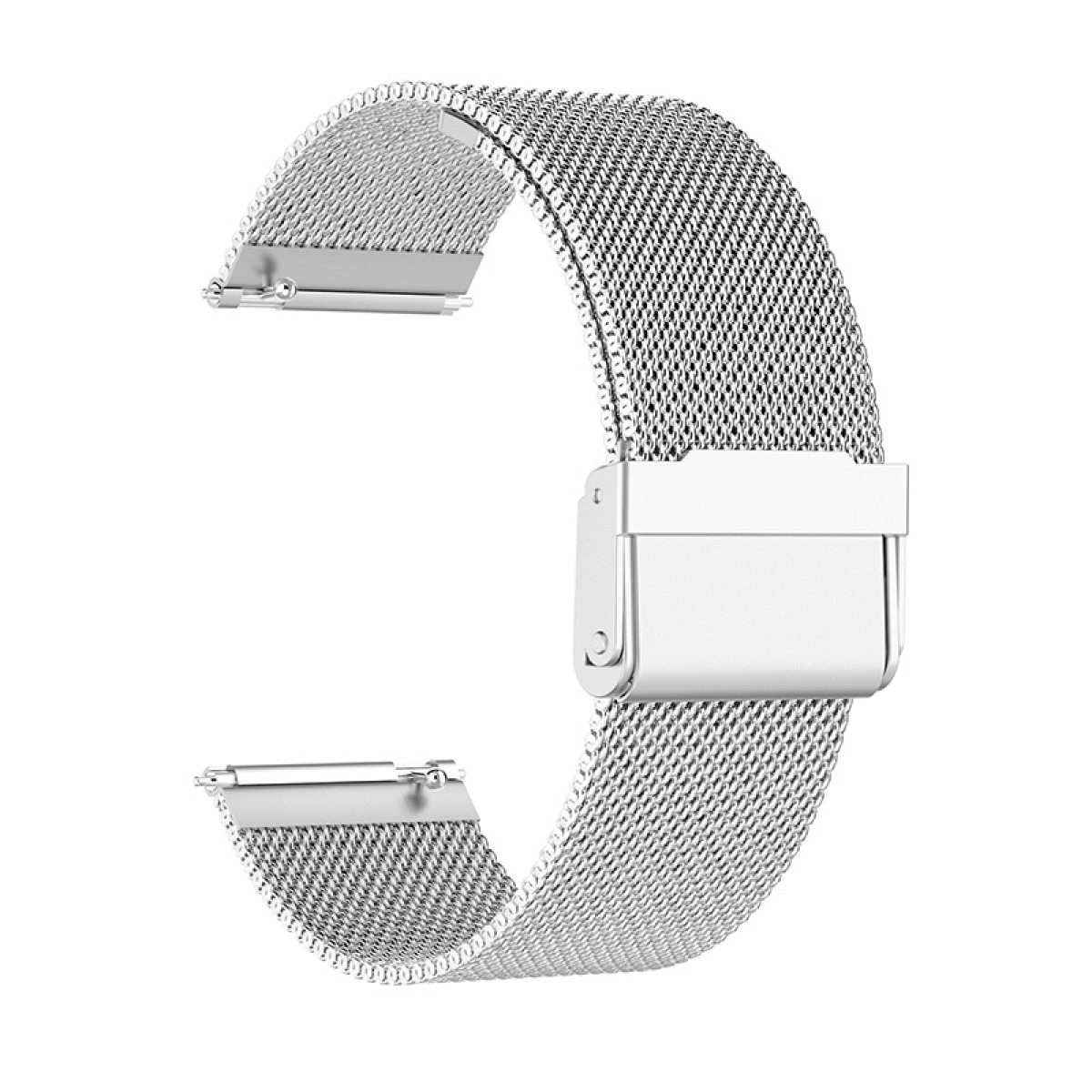 Silbernes Edelstahl-Uhrenarmband. Es hat ein Mesh-Design mit einem Verschluss. Weißer Hintergrund.