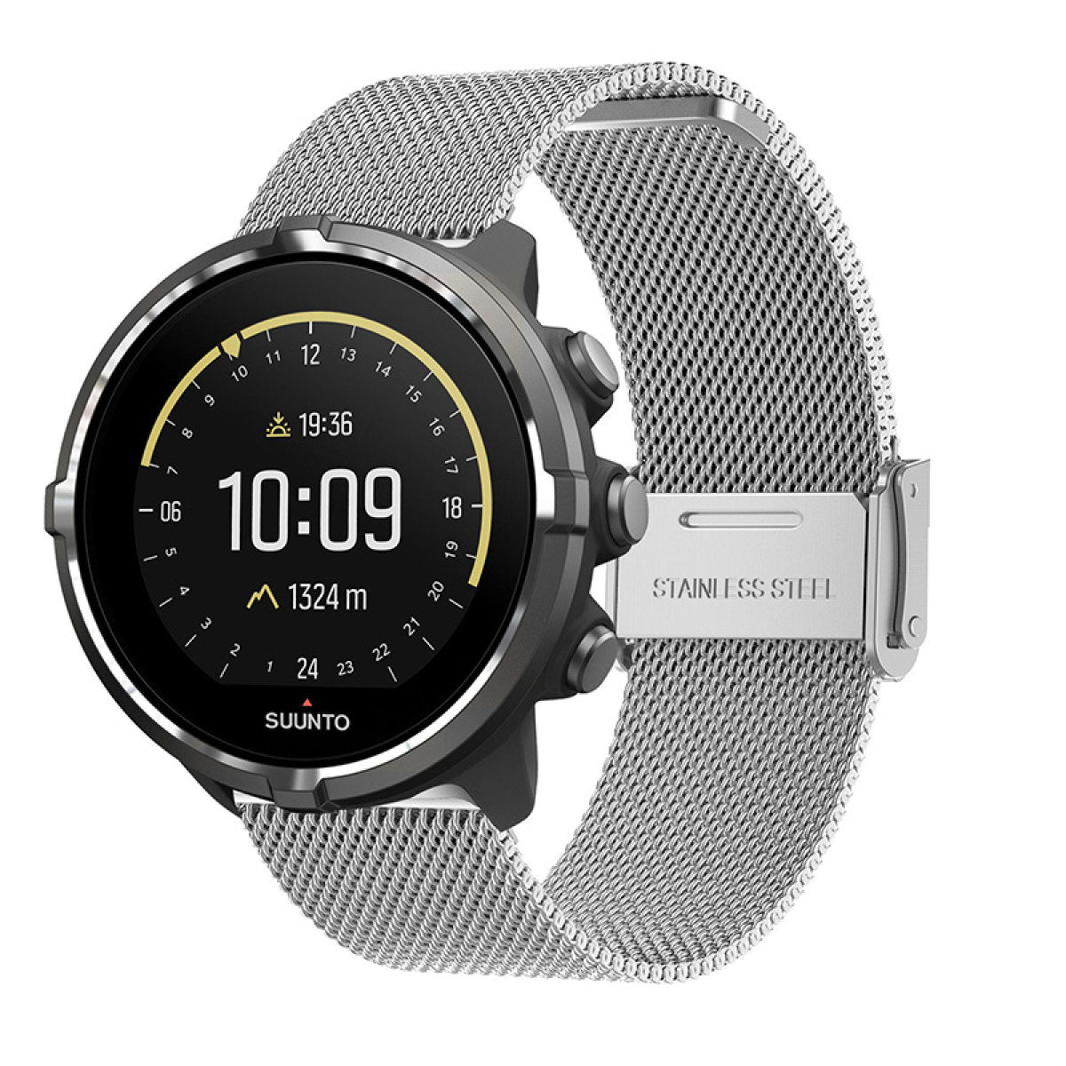 Schwarze und silberne Suunto-Uhr mit Mesh-Armband, die Zeit und Höhe anzeigt.
