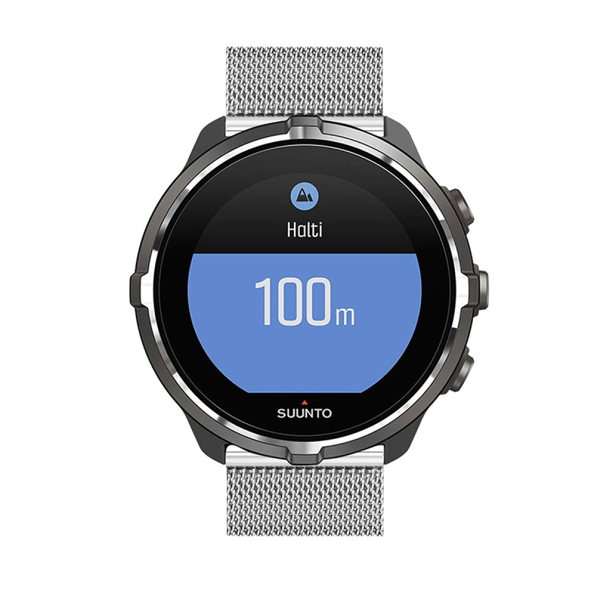 Eine Suunto Smartwatch mit Mesh-Armband, die die Zeit und den Text "Halti" anzeigt.