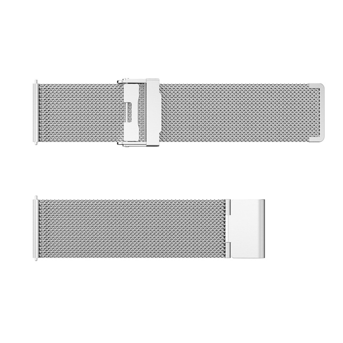 Zwei silberne Uhrenarmbänder mit Schließe, auf weißem Hintergrund.