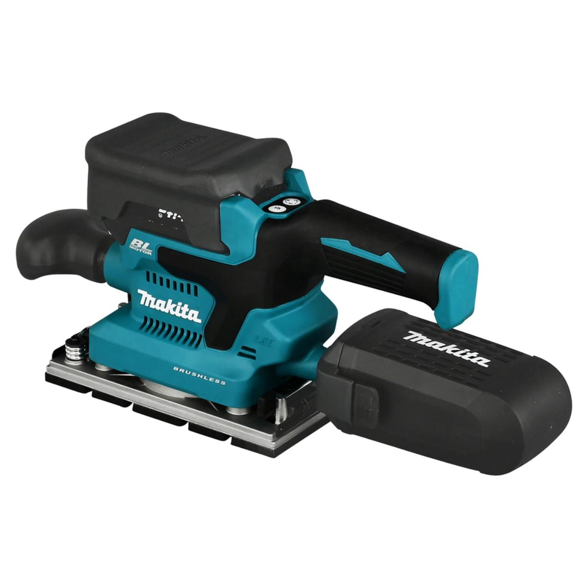 Ein teal-schwarzer Makita-Schwingschleifer mit Akku, vor weißem Hintergrund.