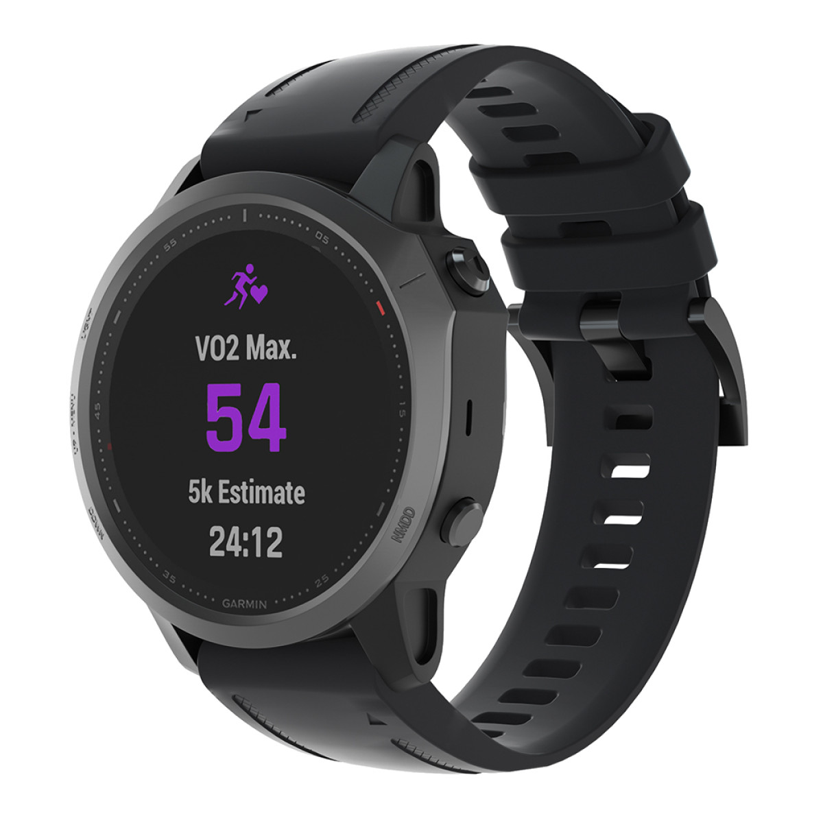 Schwarze Smartwatch mit Anzeige von VO2 Max, 5k-Schätzung und Zeit, vor weißem Hintergrund.