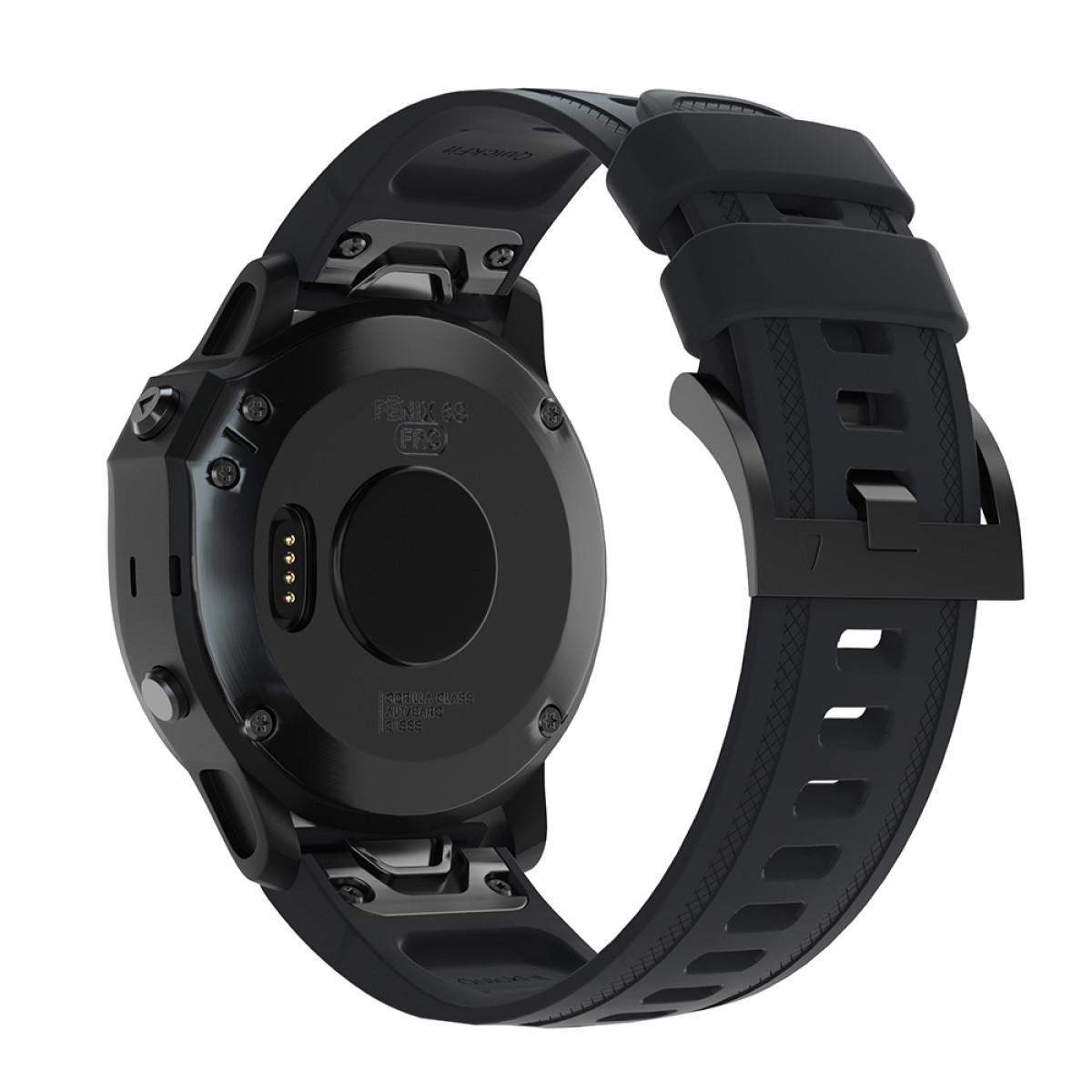 Schwarze Garmin-Smartwatch-Rückansicht mit angebrachtem Armband. Knöpfe und Ladeanschluss sichtbar.