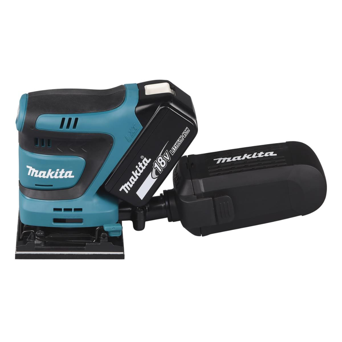 Ein türkisblauer und schwarzer Makita-Schleifer mit einem schwarzen Akkupack.