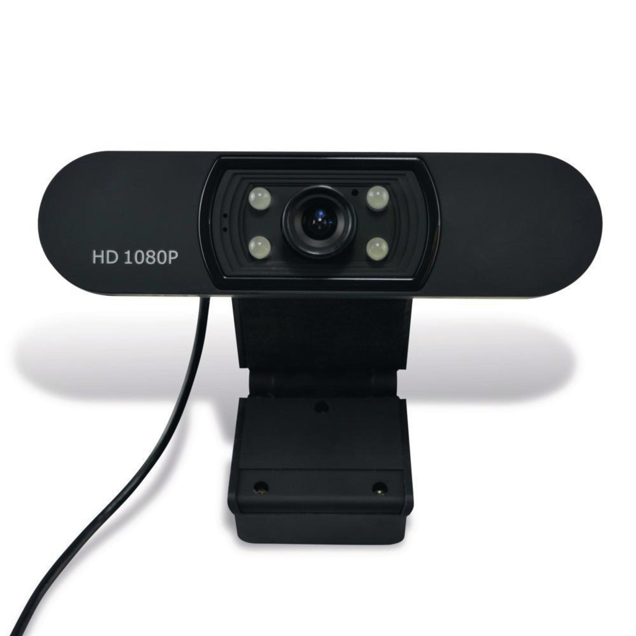 Schwarze HD 1080P Webcam auf weißem Hintergrund. Vier Lichter und eine Linse sichtbar.