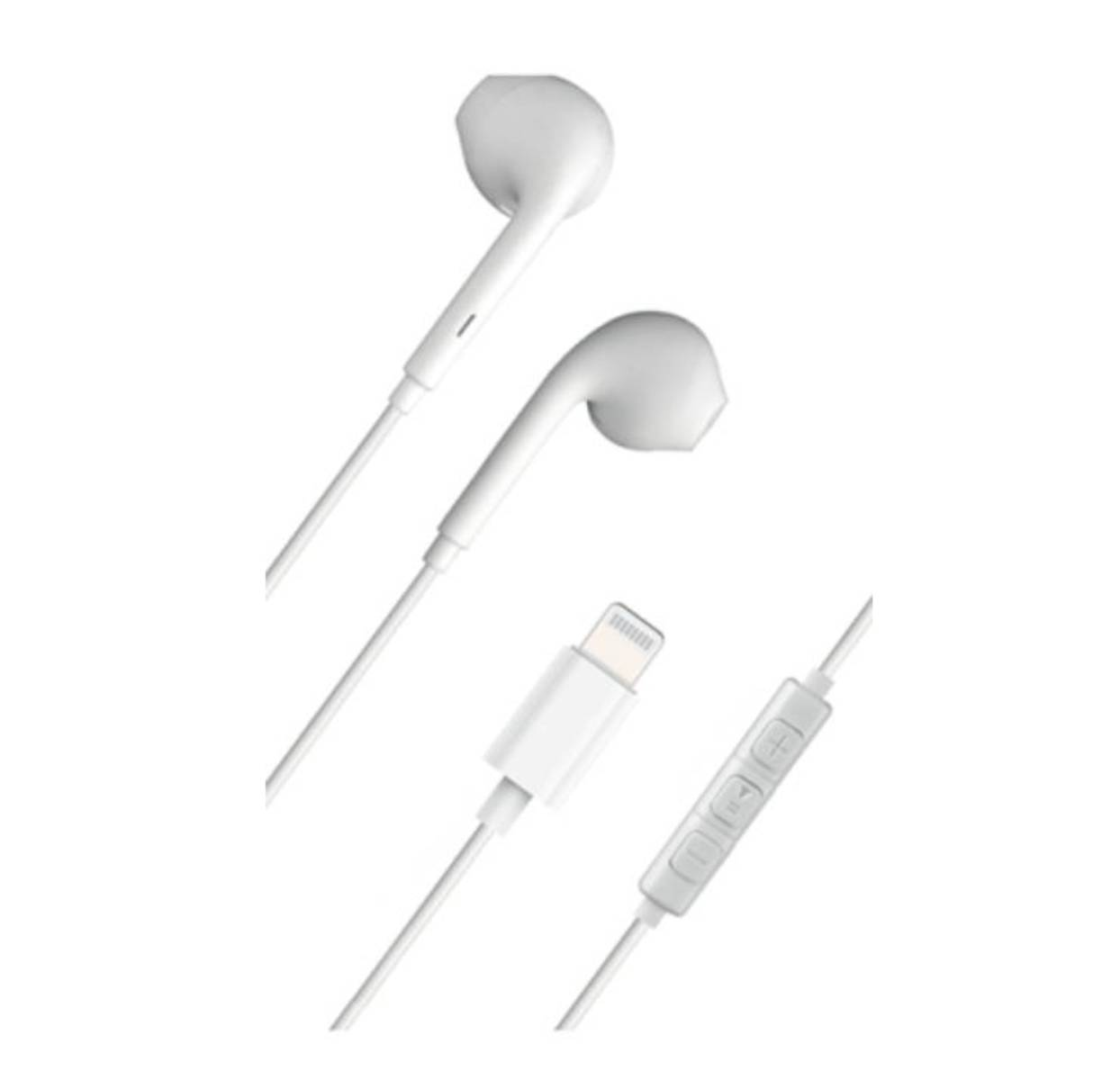 Auricolari bianchi con connettore Lightning e telecomando in linea su sfondo bianco.