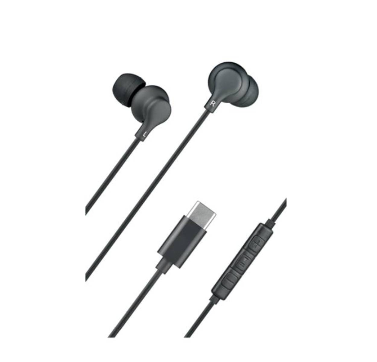 Auriculares negros con conector USB-C y panel de control en el cable.