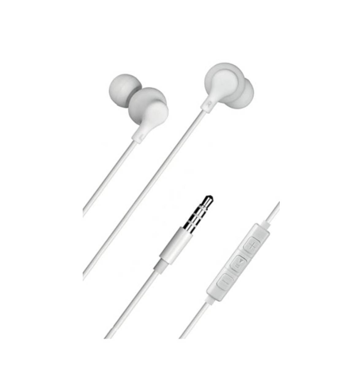 Auriculares blancos y control. Los auriculares están conectados a un conector blanco.