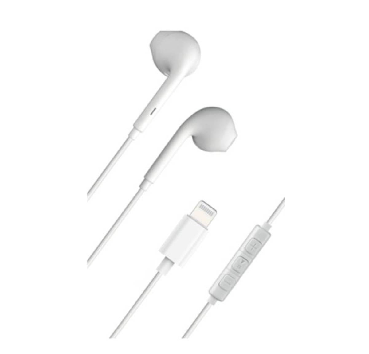 Auriculares blancos con conector Lightning y panel de control sobre fondo blanco.