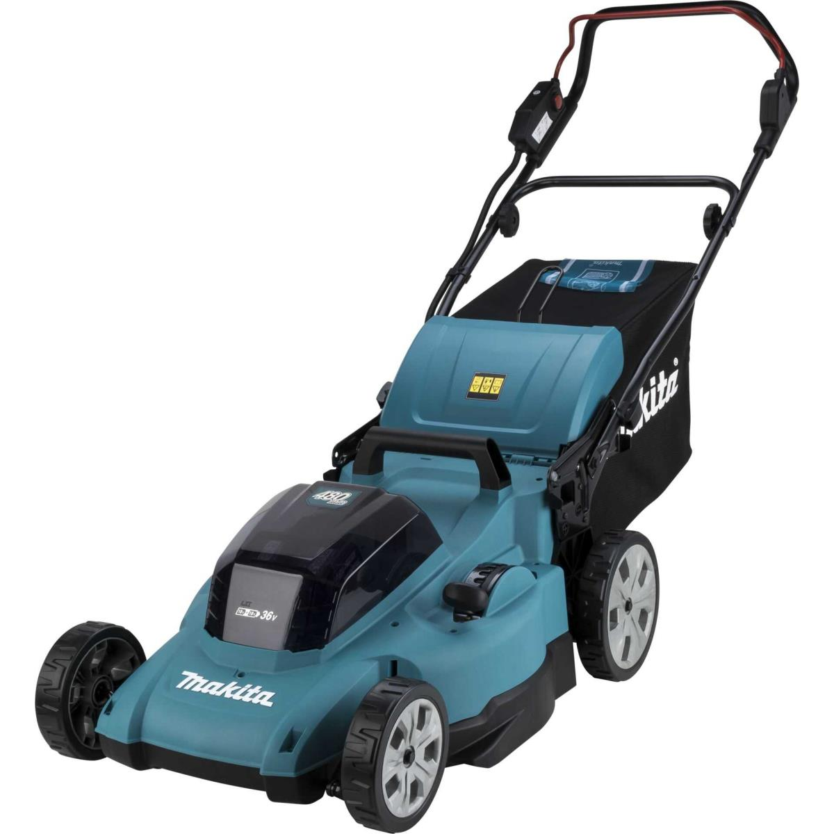 Ein teal-schwarzer Makita Rasenmäher mit schwarzem Sack und großen Rädern.