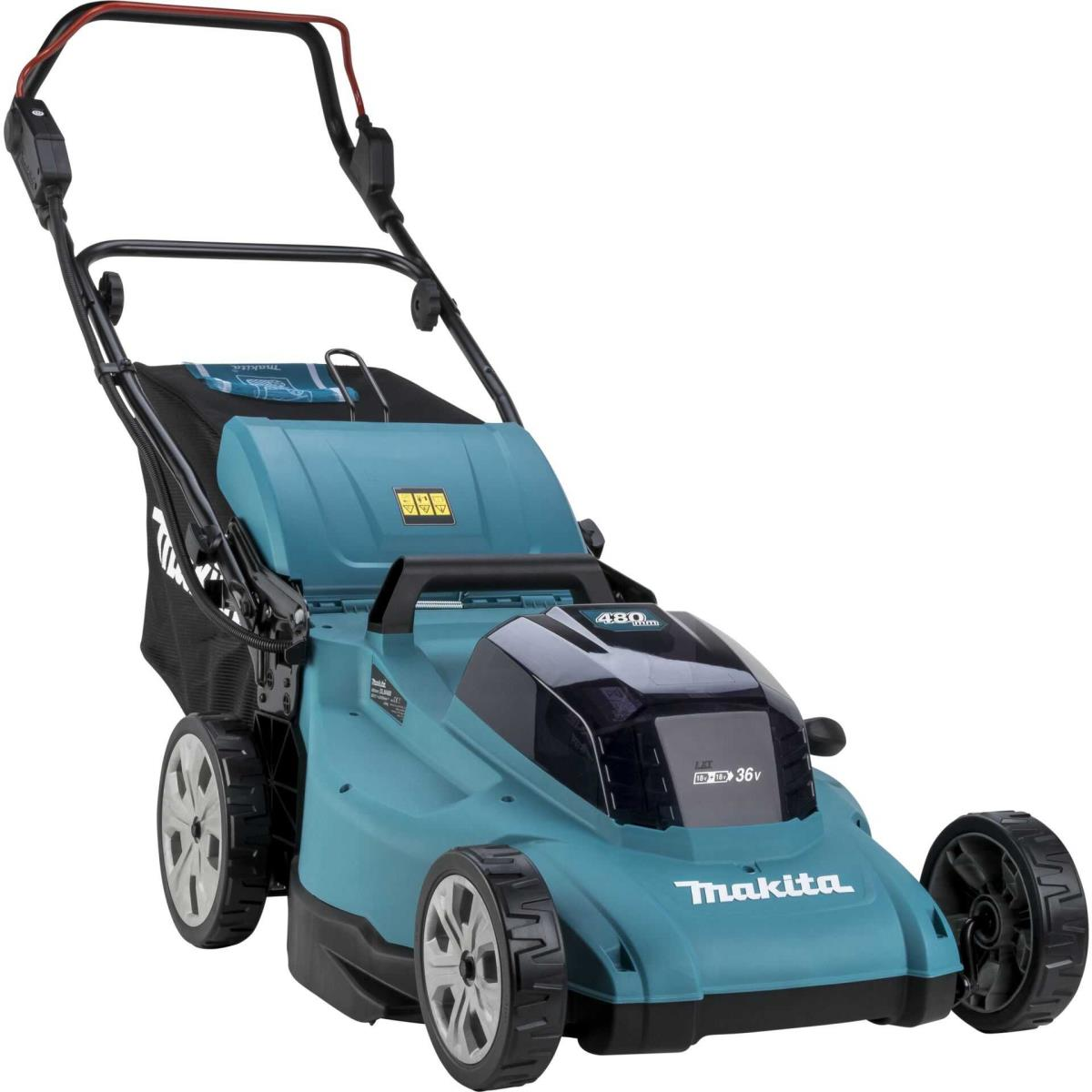 Ein blau-schwarzer Makita Rasenmäher mit schwarzem Beutel und Bedienfeld.