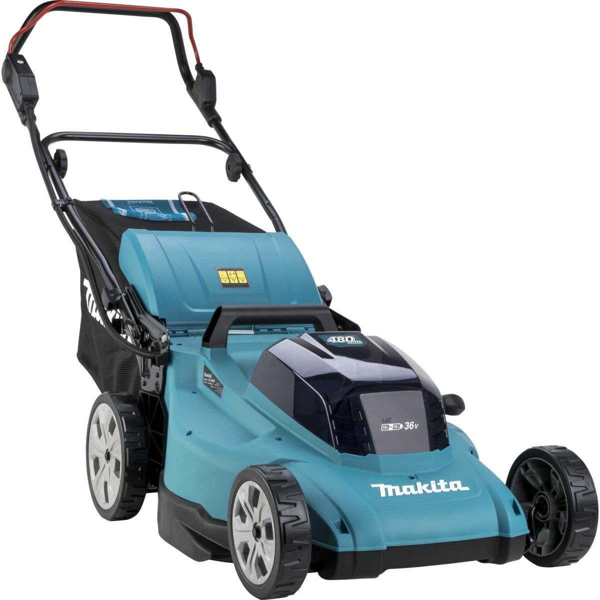 Blau-schwarzer Makita Rasenmäher mit Grasfangkorb, Seitenansicht.