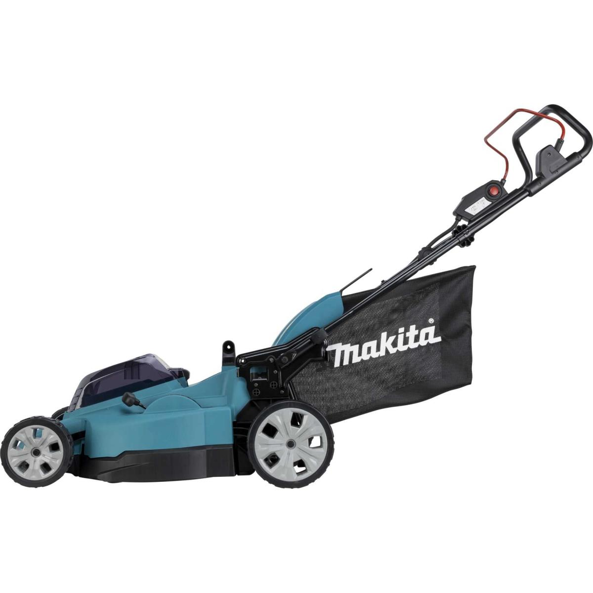 Türkis-schwarzer Makita-Rasenmäher mit schwarzem Grasfangsack.