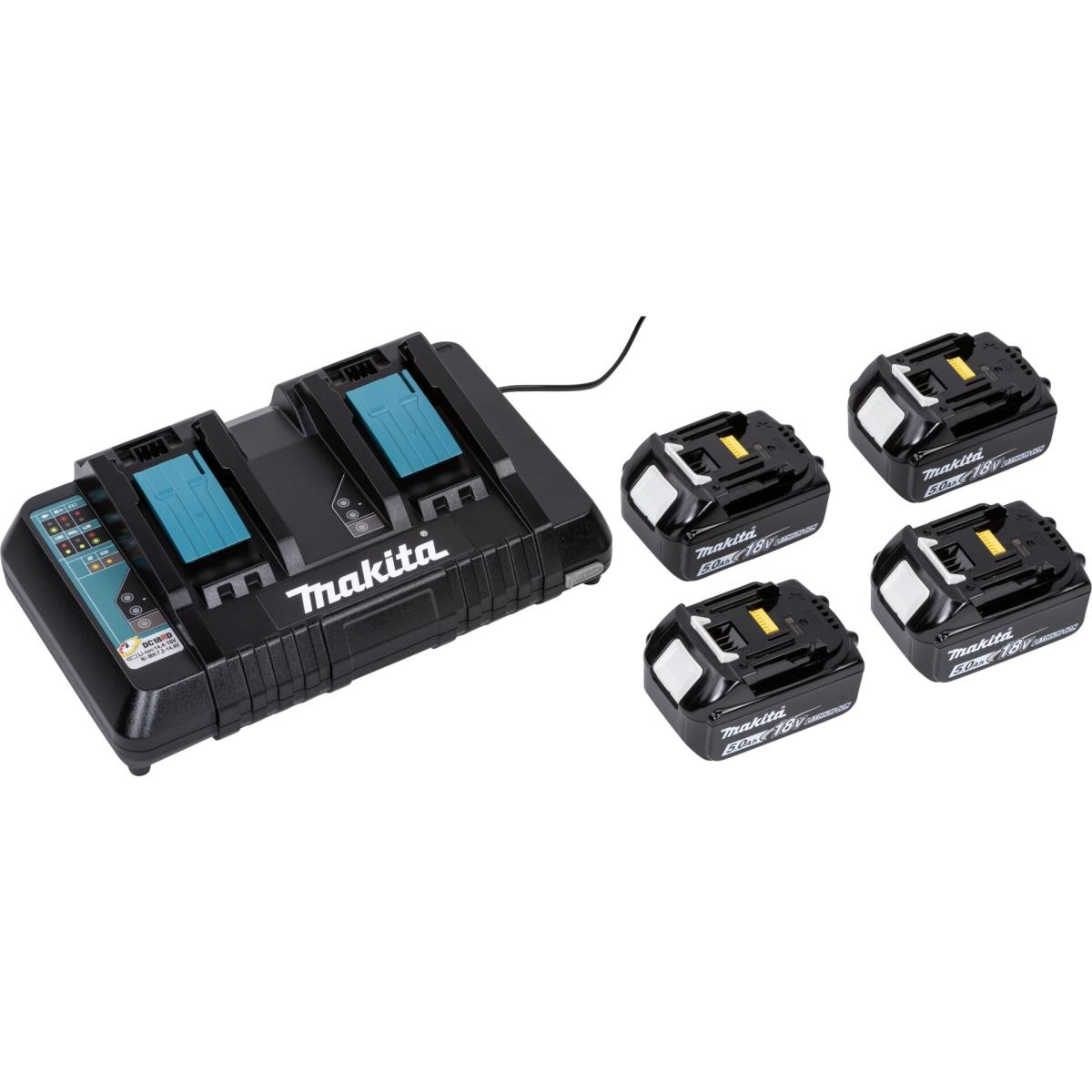 Cargador Makita negro y tres baterías en superficie blanca.