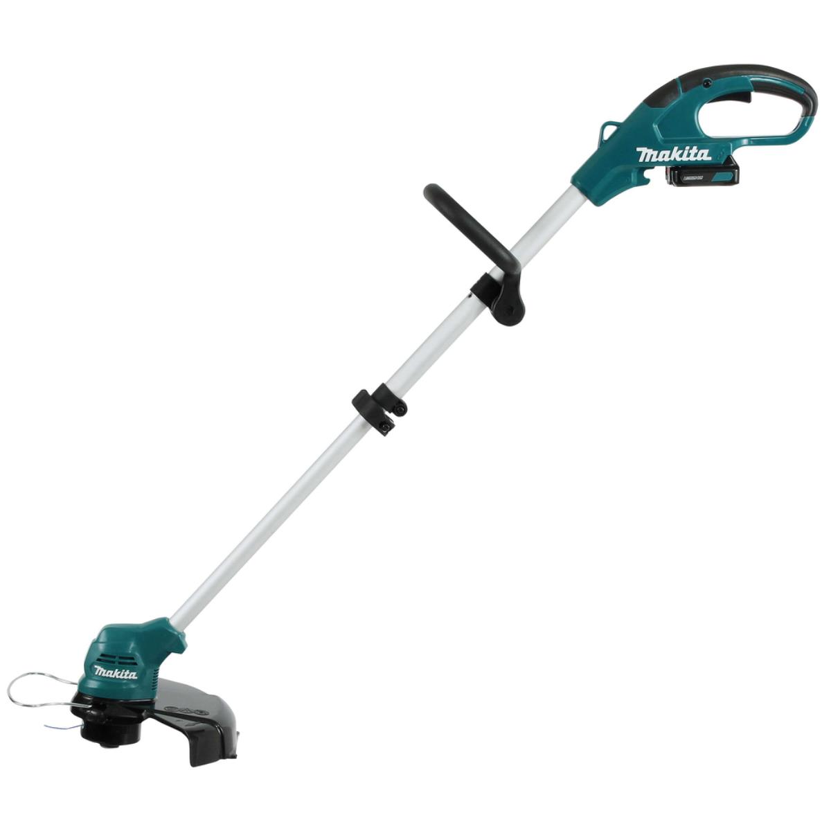 Türkis-schwarzer Makita-Trimmer auf weißem Hintergrund.