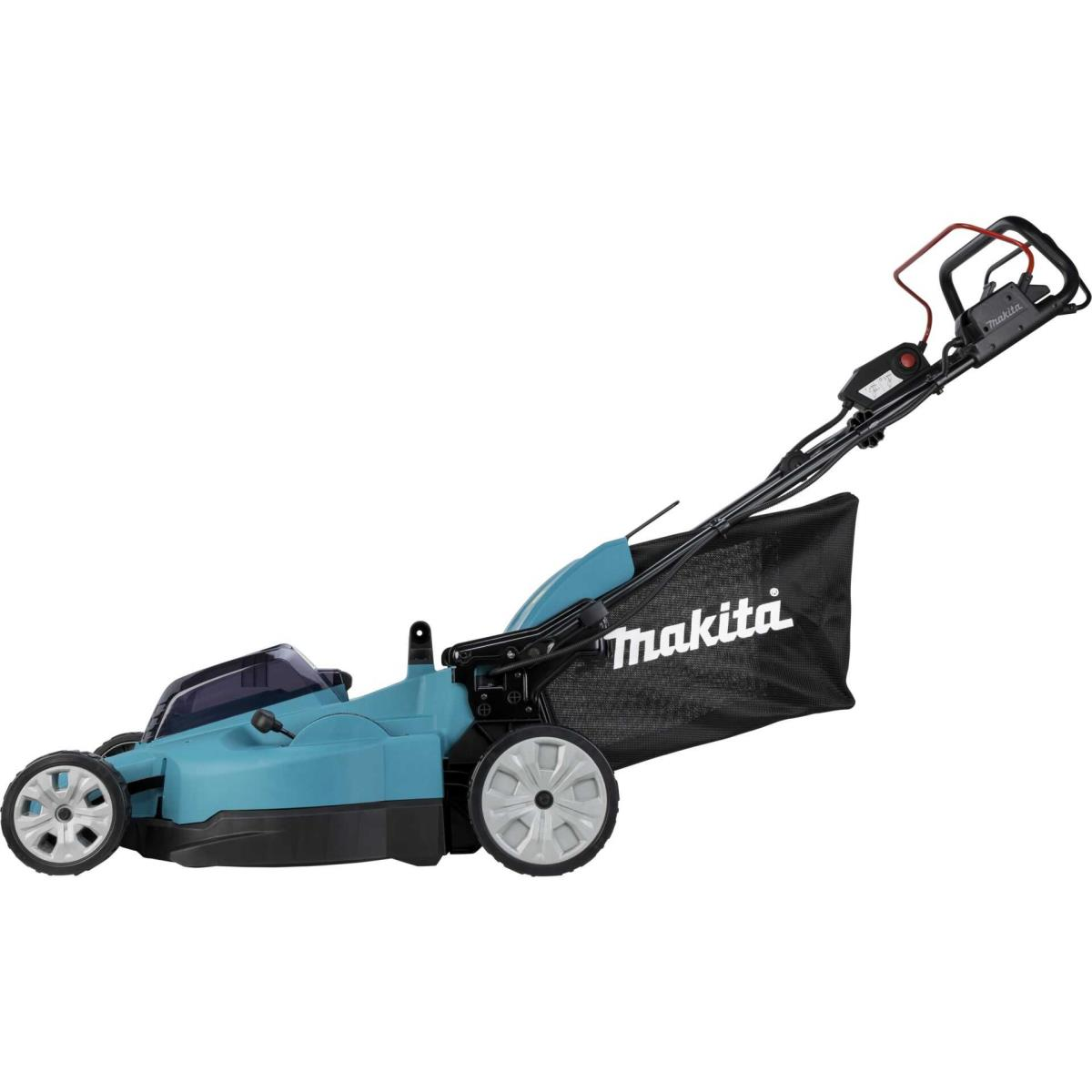Ein tealfarbener Makita-Rasenmäher mit schwarzem Beutel und Griff auf weißem Hintergrund.