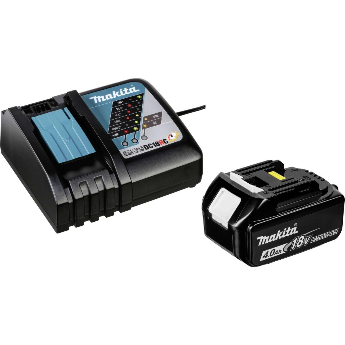 Schwarzes Makita Ladegerät und Akku-Set. Ladegerät hat Anzeigen, Akku mit 4.0Ah 18V beschriftet.